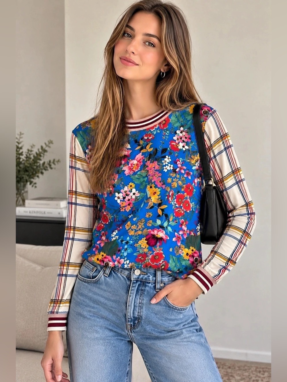 Zara Woman Floral & Plaid Mixed Print Long Sleeve Top – Size S